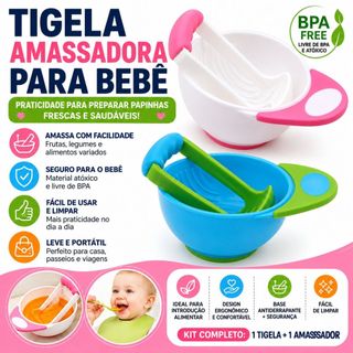 Tigela Amassador Bebê com Colher Triturador Papinha BPA Free Alimentação Infantil