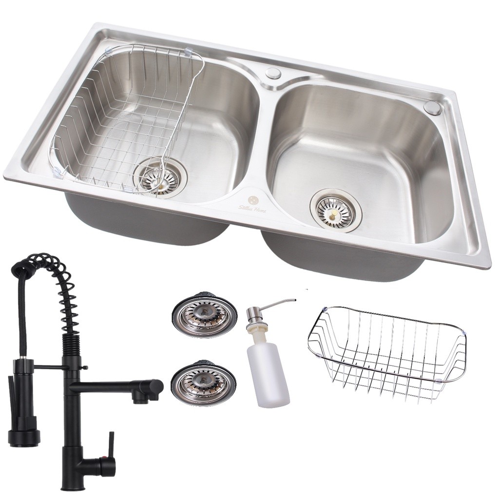 Kit Cuba Dupla Gourmet Inox 304 Torneira Black 50cm Torneira Dosador Escorredor