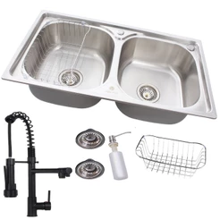 Kit Cuba Dupla Gourmet Inox 304 Torneira Black 50cm Torneira Dosador Escorredor