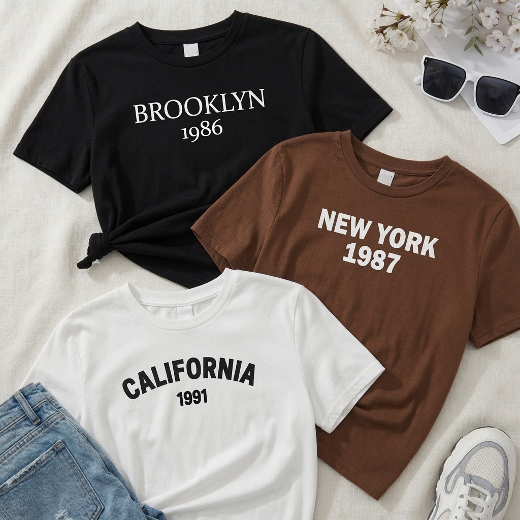 Kit 3 Camisetas Femininas Brooklyn New York California | Preta Marrom Branca | Algodão Estampada Casual
