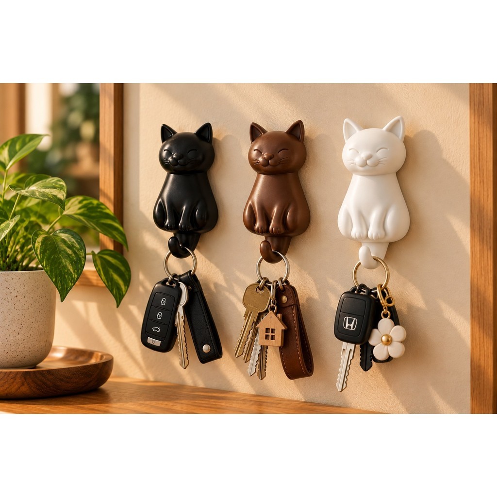 Kit com 2 Ganchos de Parede em Formato de Gato – Porta Chaves Fofo Casa Escritório