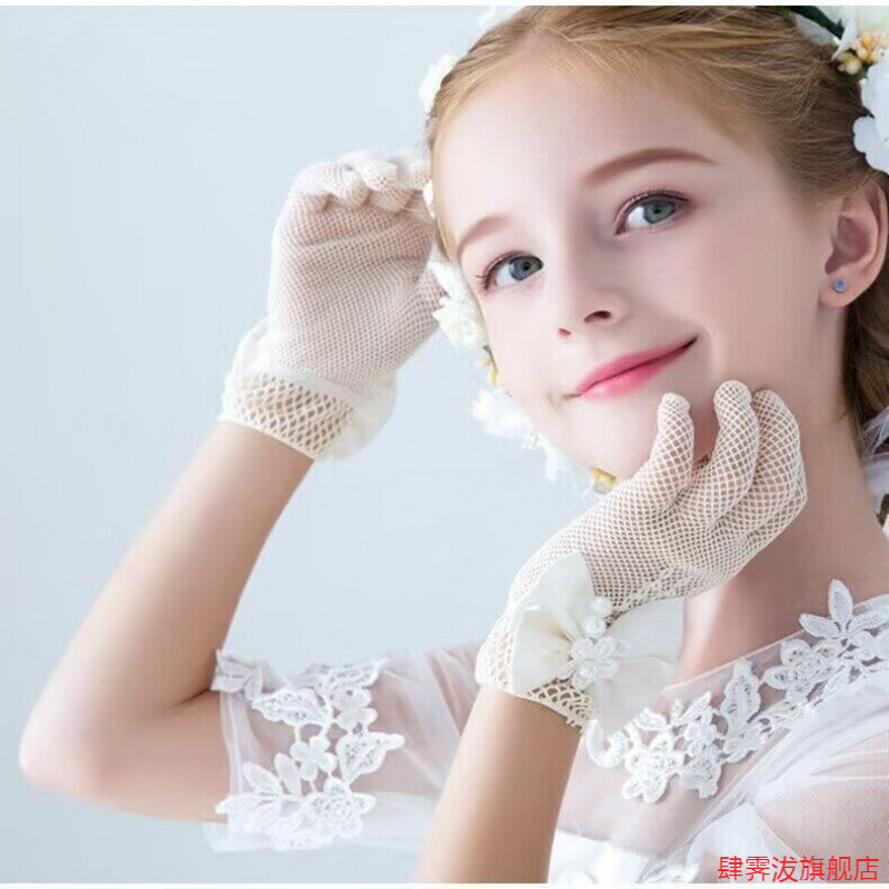 Dança respirável arco vestido de casamento fino princesa crianças malha menina primavera outono vestido luvas crianças c