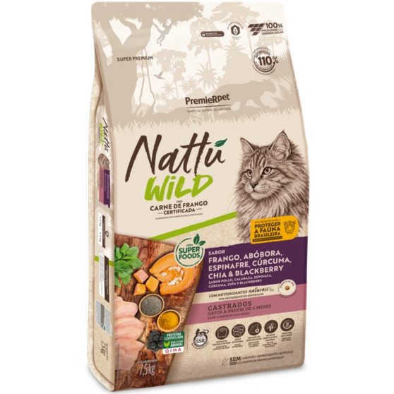 Ração Premier Nattu Wild Gatos Adultos Castrados Abóbora 7,5kg