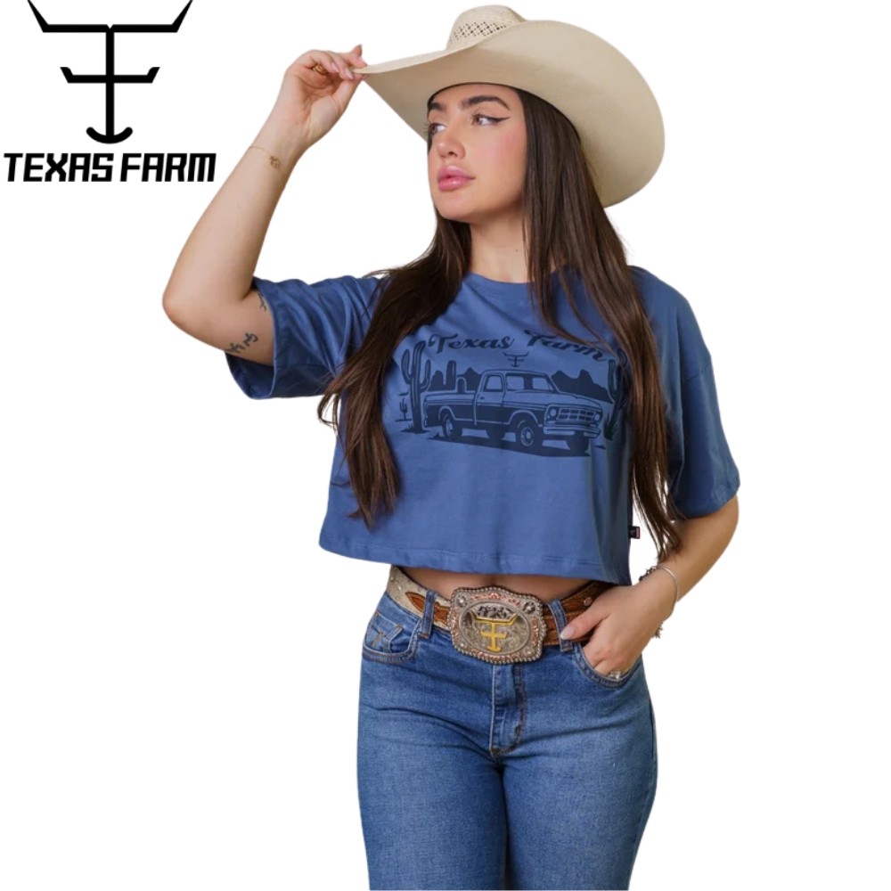 Camiseta Cropped Oversized Feminino Texas Farm Manga Curta Azul Intense Estampada Logo Azul Marinho - Ref:CCO007