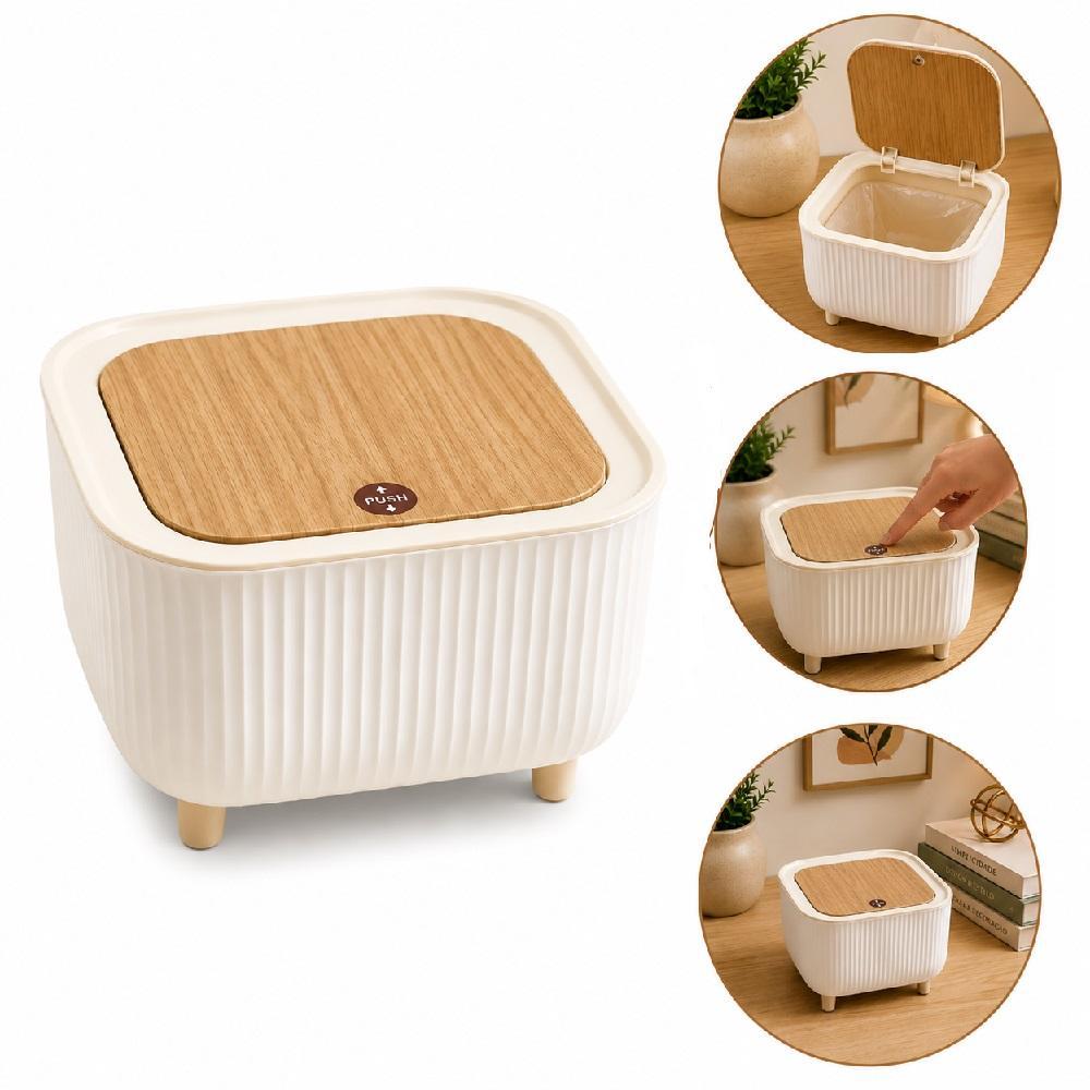 Lixeira De Mesa Mini Com Tampa Click Estilo Bambu Cesto Organizador Empilhável Escritório Banheiro Penteadeira