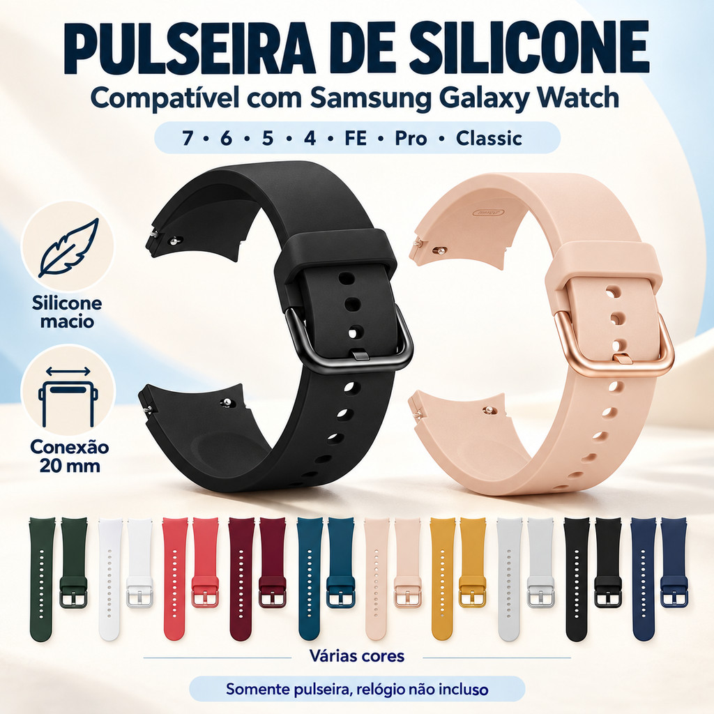 Pulseira de Silicone para Samsung Galaxy Watch 7 6 5 4 FE 5 Pro Classic 40mm 42mm 43mm 44mm 45mm 46mm 47mm