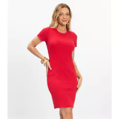 Vestido Acinturado Em Ribana Canelada Rovitex Vermelho