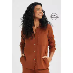 Camisa Feminina Manga Longa Linho Marialícia Marrom