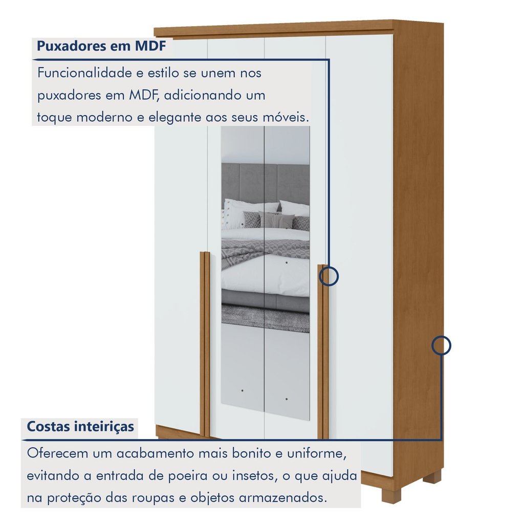 Guarda Roupa Solteiro 4 Portas 2 Gavetas com Espelho e Pés MDF Alonzo 153.5cm Marrom Amêndoa Clean/Branco Amêndoa · foto 2