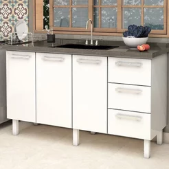 Balcão para Pia de Cozinha 150cm 3 Portas 3 Gavetas Vênus Yescasa Branco 144