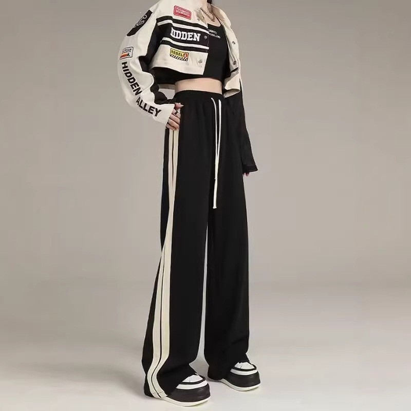 Calças esportivas listradas femininas 2026 novo estilo outono reto solto duas barras Sweatpants estudantes do ensino méd