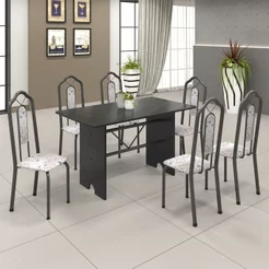 Conjunto de Mesa 140x75cm Tampo Ardósia com 6 Cadeiras Bianca Soma Móveis Prata/Martelado/Ardosia Indiano/Botanic Bege