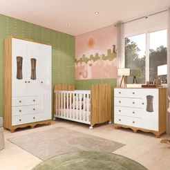 Quarto de Bebê Guarda-Roupa 3 Portas Cômoda e Berço MDF Lana Espresso Móveis Amêndoa/Branco Brilho Branco