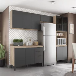 Cozinha Completa Modulada Firenze 04 Peças 11 Portas e 02 Gavetas Cinza/Avena/Grafito Avena/Grafito