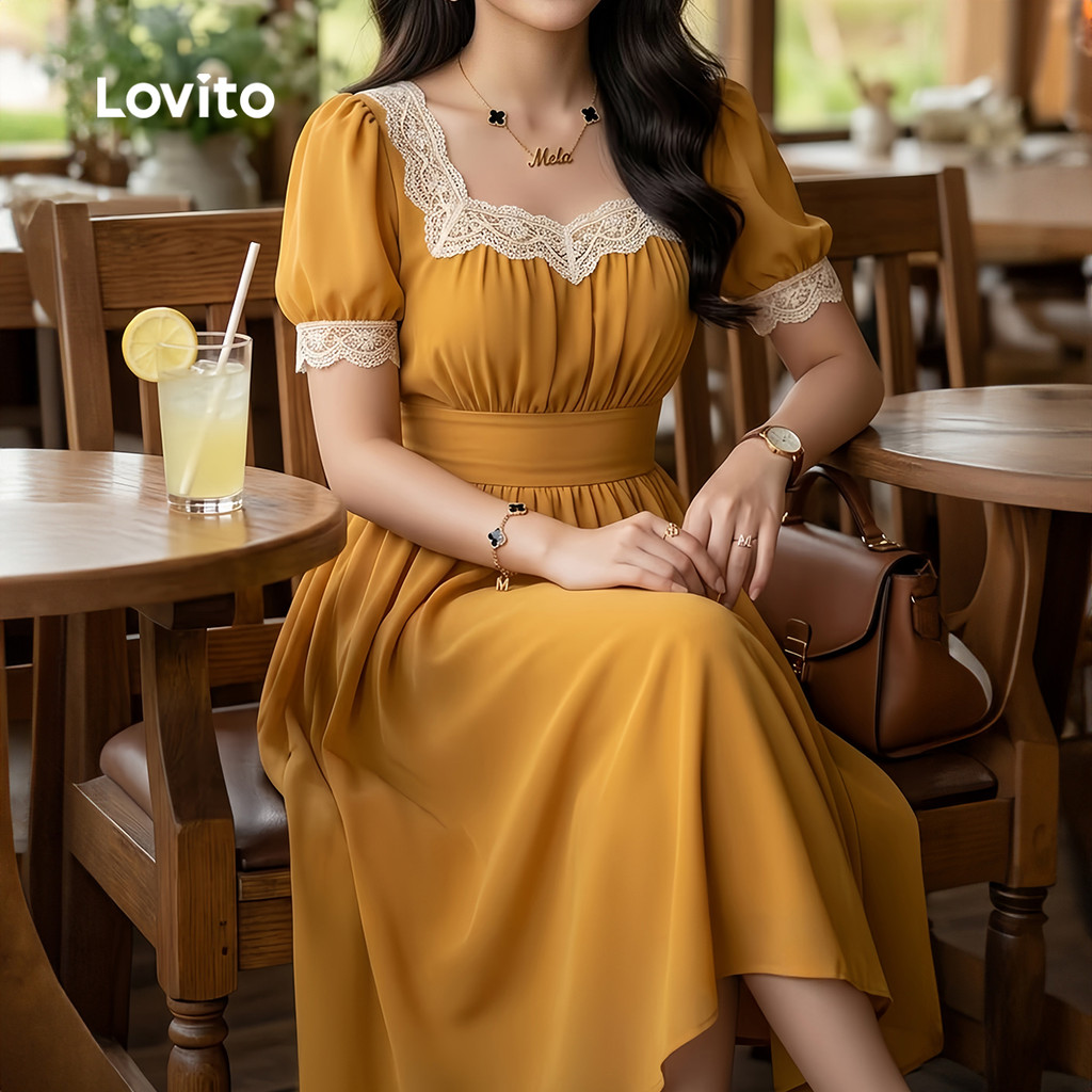 (New Arrival) Lovito Vestido Amarelo Feminino Casual De Cor Lisa Longo Evasê E Com Acabamento Em Renda Para Primavera Verão Férias E Saídas Noturnas Bordado DRK11BR028 — imagem 2 de 2