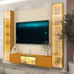 Estante para TV e Home Theater até 75 Polegadas Vidro Reflecta 100% MDF 226,4cmx217,6cm Led com Porta Luminare Bege Off