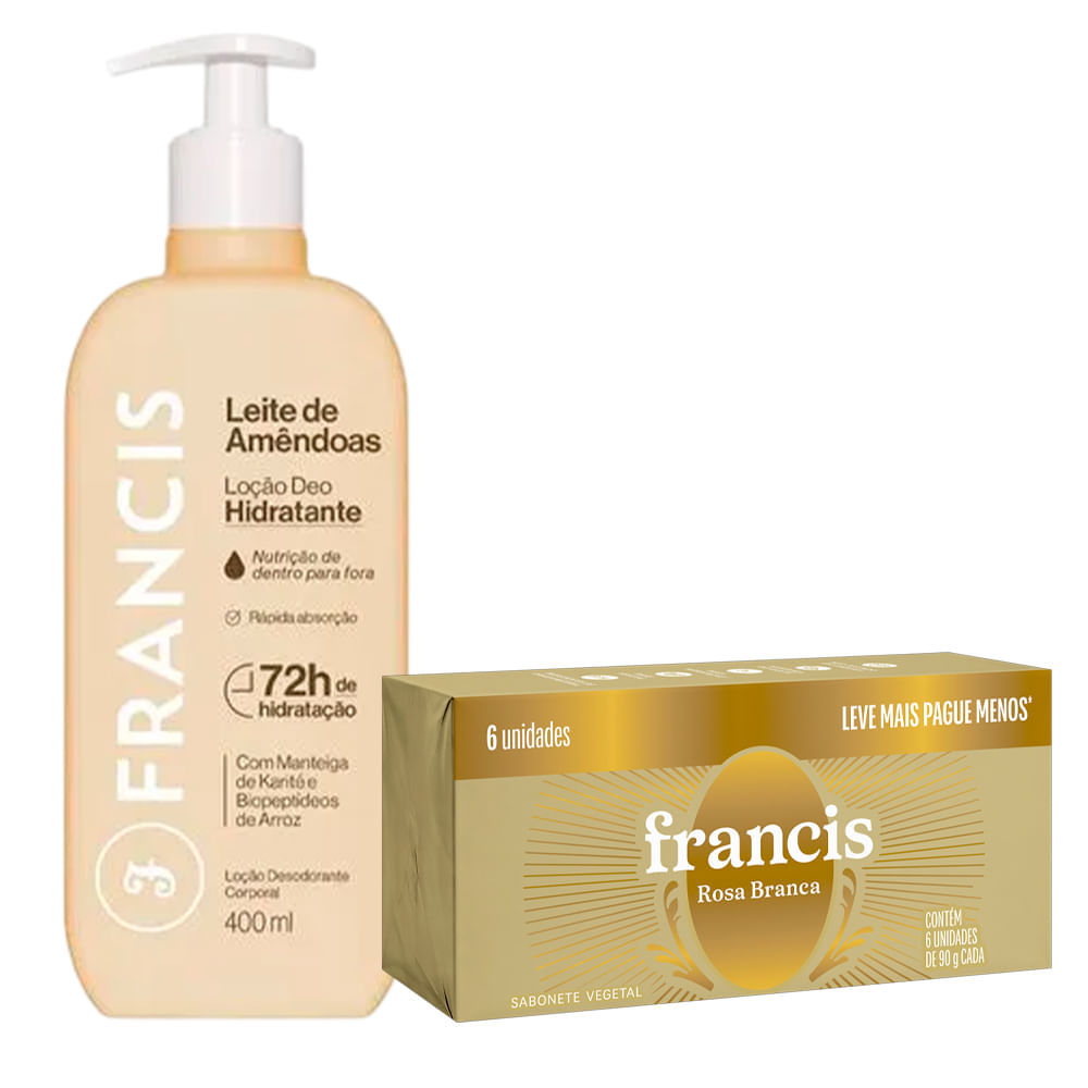 Kit Francis Loção Hidratante Leite De Amêndoas 400ml + 6 Sabonetes em Barra Rosa Branca 90g