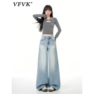 Vfvk2026 Novo estilo de Jeans de cor clara estilo americano calças soltas retas femininas outono calças de perna larga c