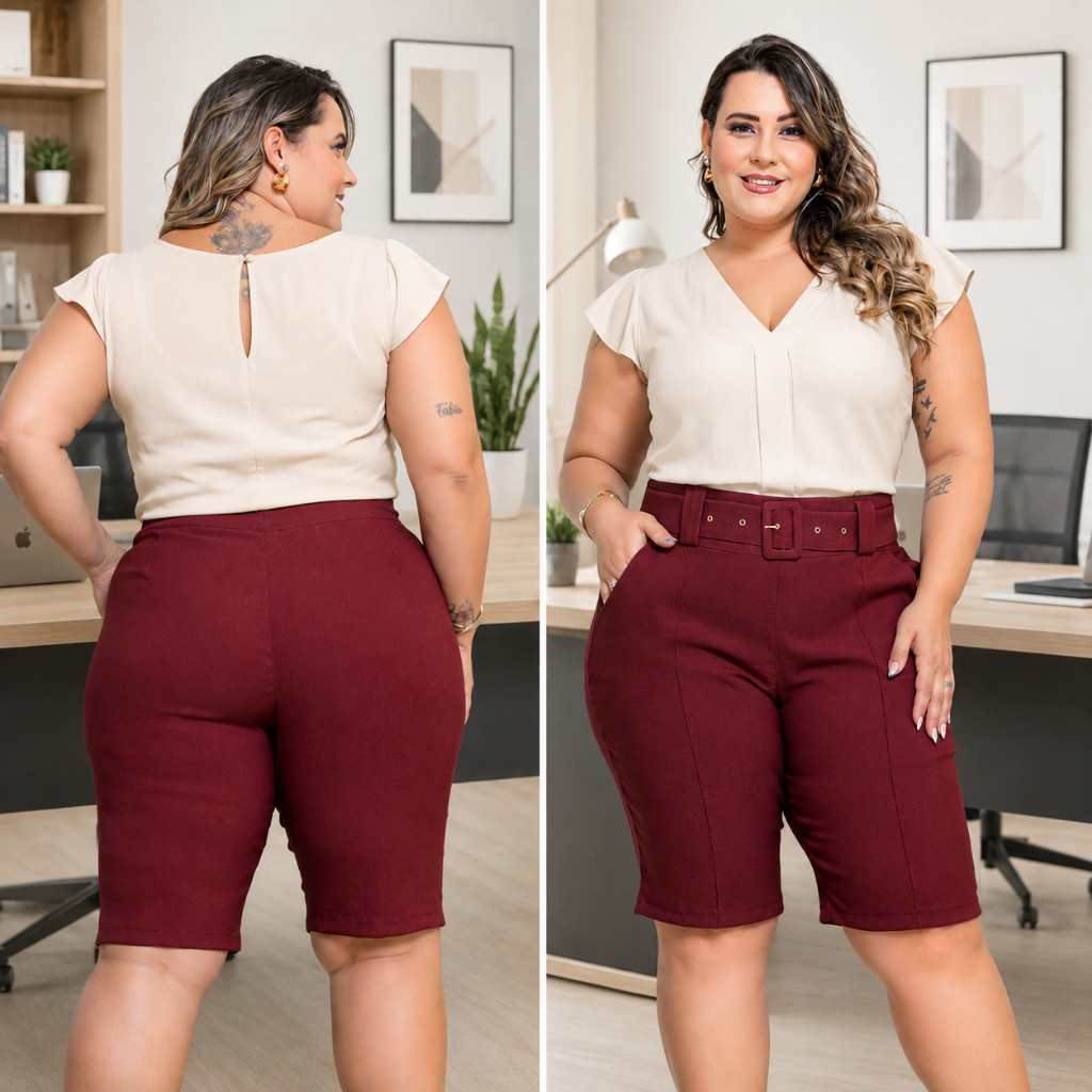 Bermuda Shorts Feminino Plus Size Bengaline Cintura Alta Com Cinto Modeladora Social Premium Confortável Com Elastano