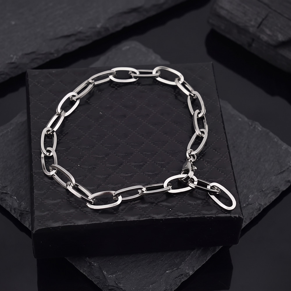Pulseira Elo Oval Masculina Aço Inox Prata 6mm com Fecho Lagosta