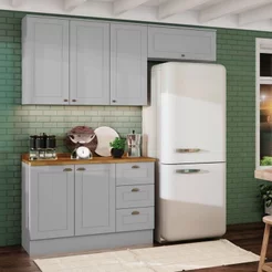 Cozinha Compacta Modulada 6 Portas 3 Gavetas Emily Cinza/Nature Cinza/Nature