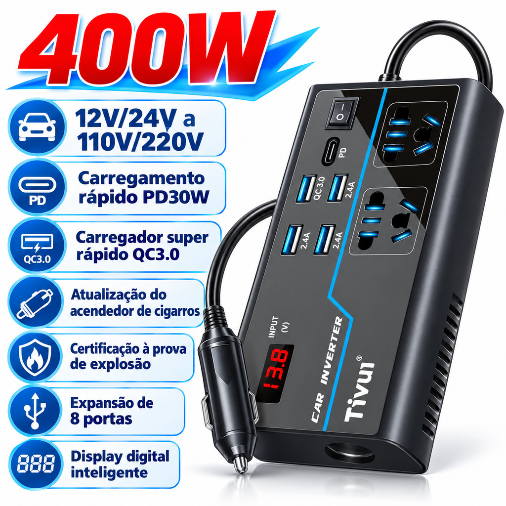 Inversor Tensão Conversor 12v/24v A 110v/220v Veicular 400w