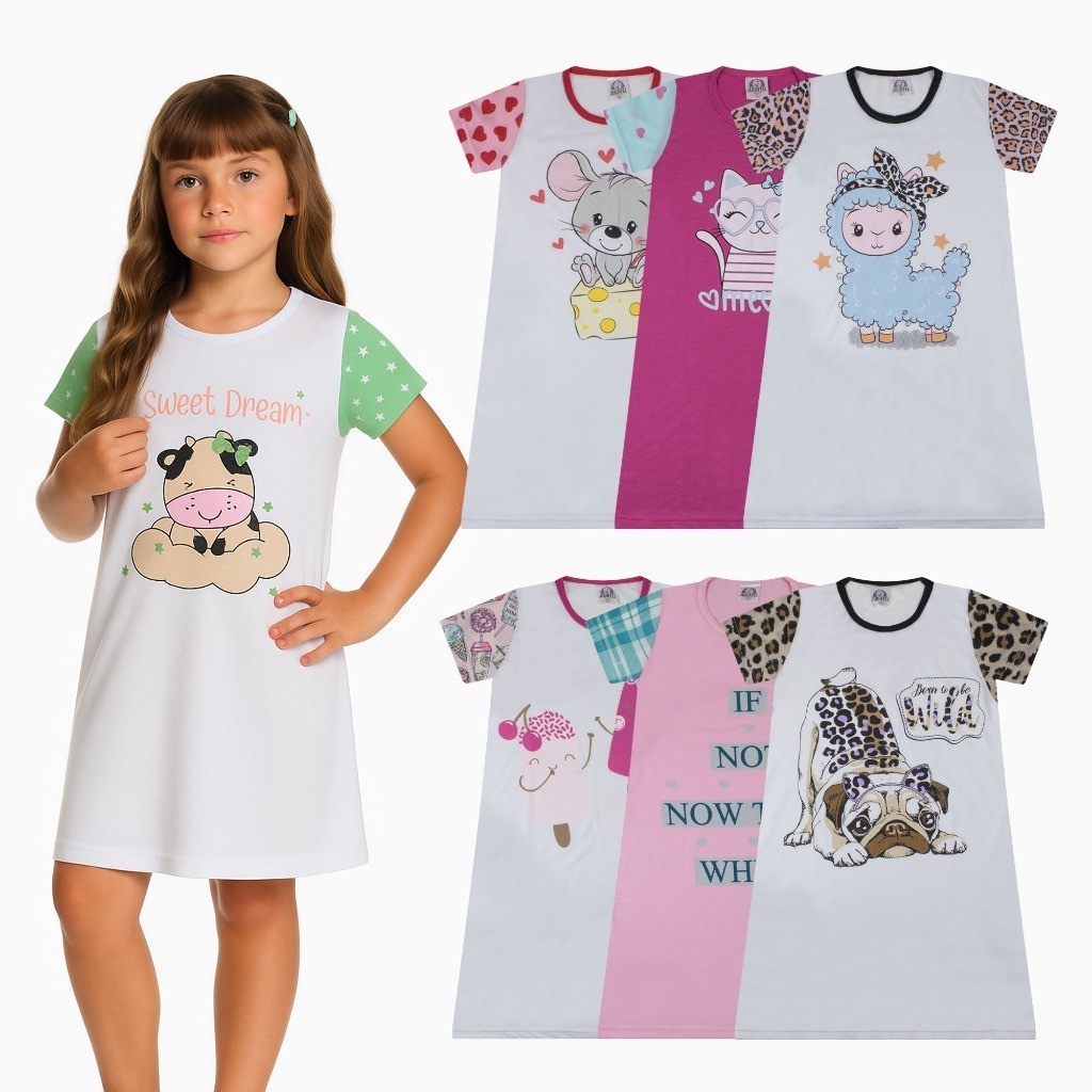 Kit 2 Camisola Juvenil Feminina Manga Curta Estampas Variáveis