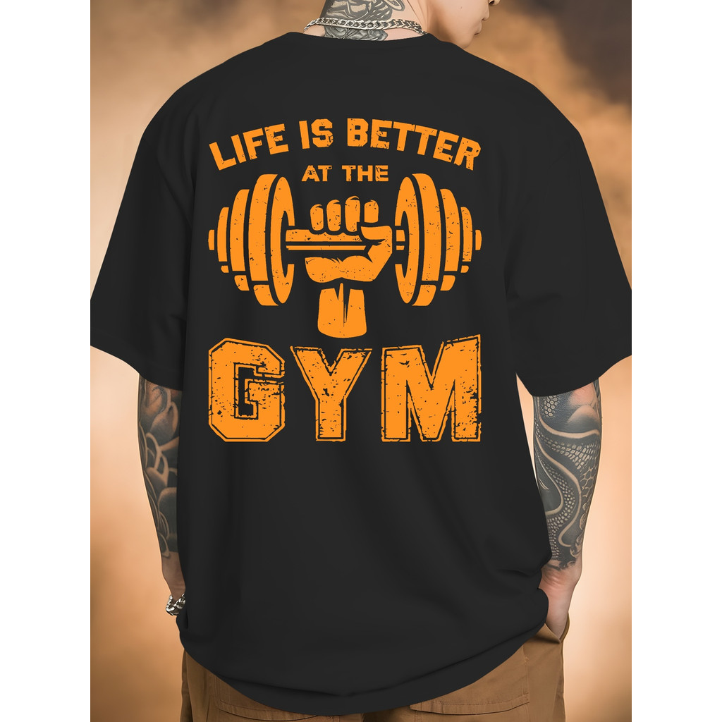 Camiseta Masculina Casual De Algodão Respirável Para Exercícios Com Estampa "A Vida É Melhor Na Academia" E Halteres