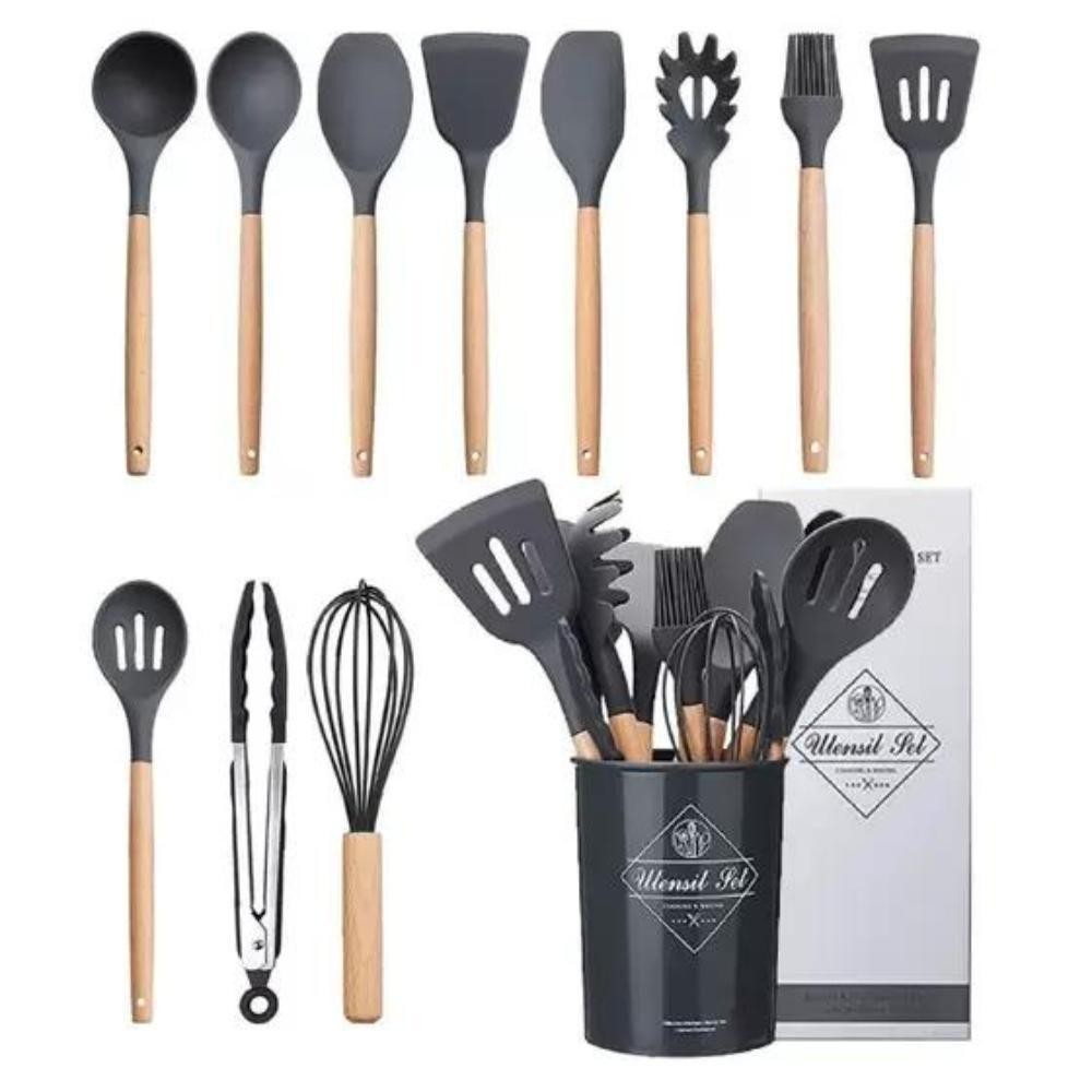 Kit 12 Utensilios De Cozinha Preto Em Silicone Antiaderente em Oferta na Shopee
