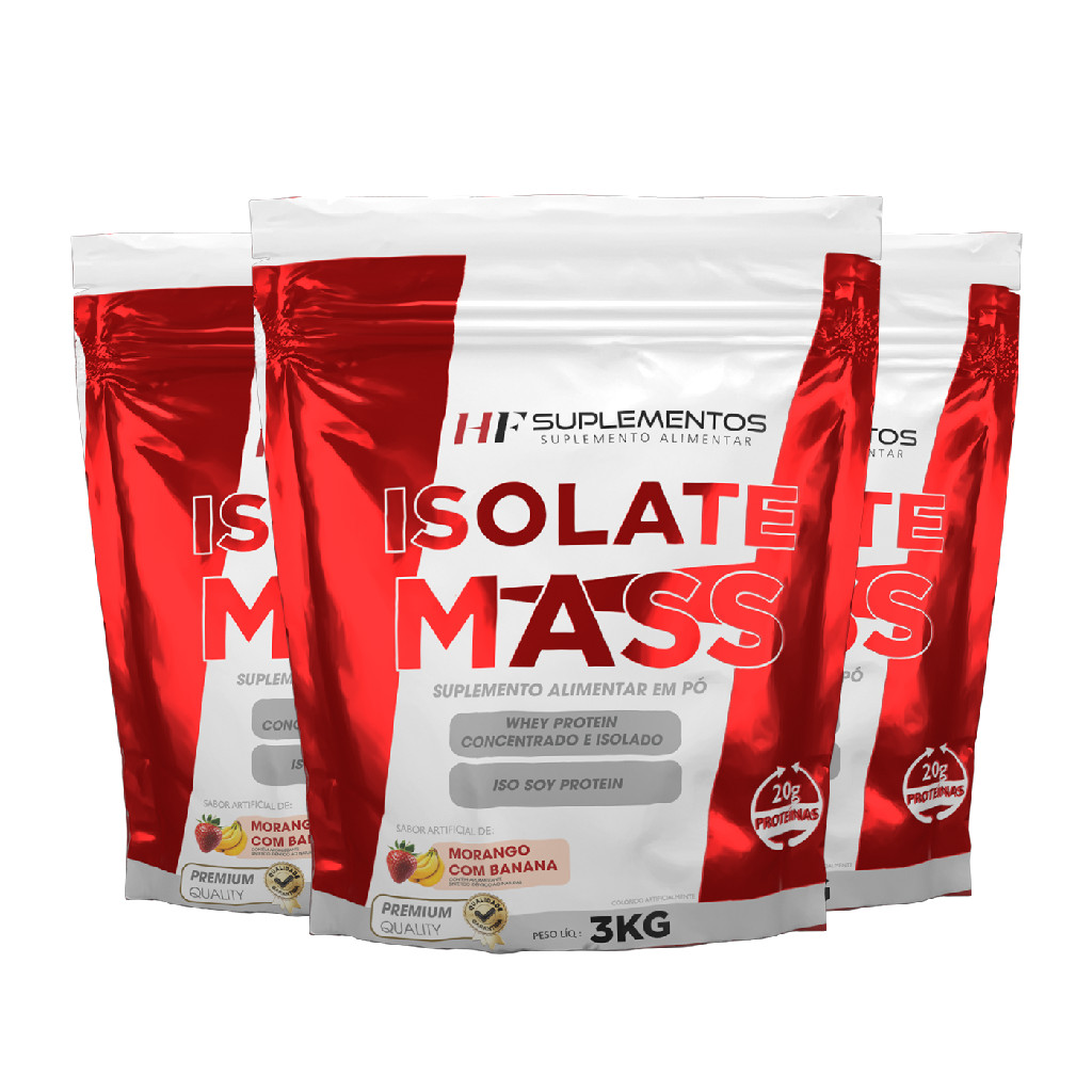 Hipercalórico Kit 3 unidades Isolate Mass Morango Banana 3KG Em Pó HF Suplementos – Massa Magra, Energia e Evolução!
