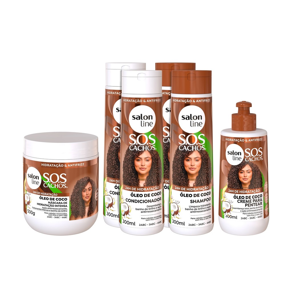 Kit SOS Cachos Coco 2 Shampoos + 2 Condicionadores + Creme de Pentear 1kg + Máscara Salon Line