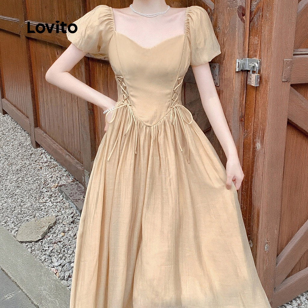 Detalhes do (NEW) Lovito Vestido Casual com Zíper para Primavera/verão Casual para Mulheres em cáqui L154LD088