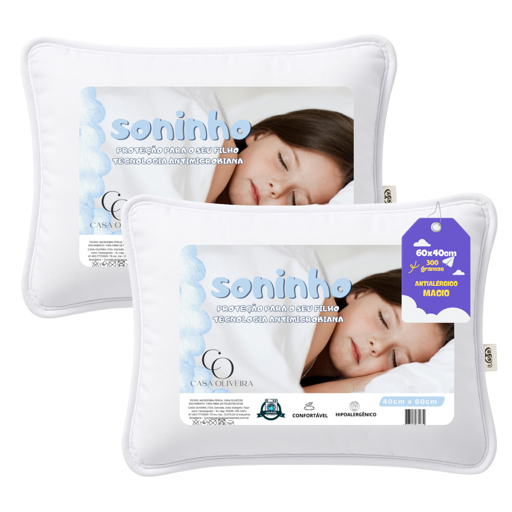 Kit 2 Travesseiro Infantil Criança E Bebê Antialérgico Soninho 60x40cm Antiácaro Fibra Siliconada em Oferta na Shopee
