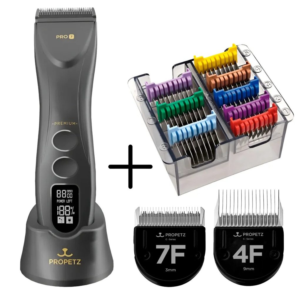 Máquina de Tosa PRO7 Preta Sem Fio + Adaptadores Pentes Aço + Lâminas 4f e 7f Propetz Original