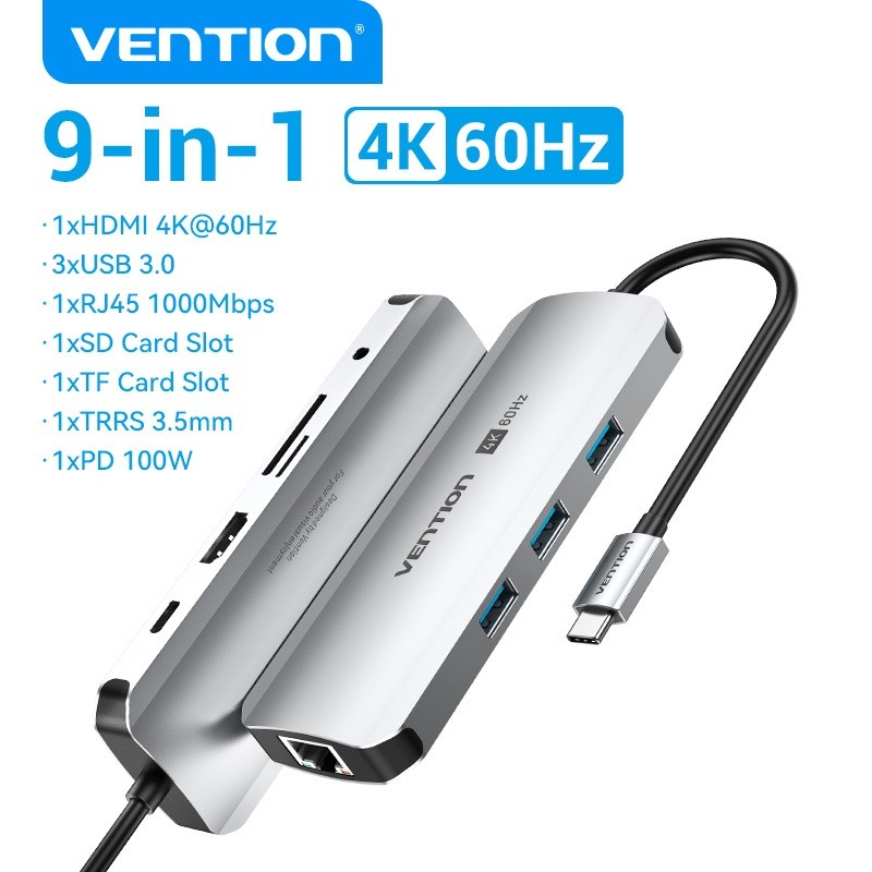 Vention USB C Hub 9 Em 1 Type 4K 60Hz HDMI VGA 3 Portas 3.0 Para RJ45 Adaptador De Estação De Acoplamento Ethernet Lapto em Oferta na Shopee