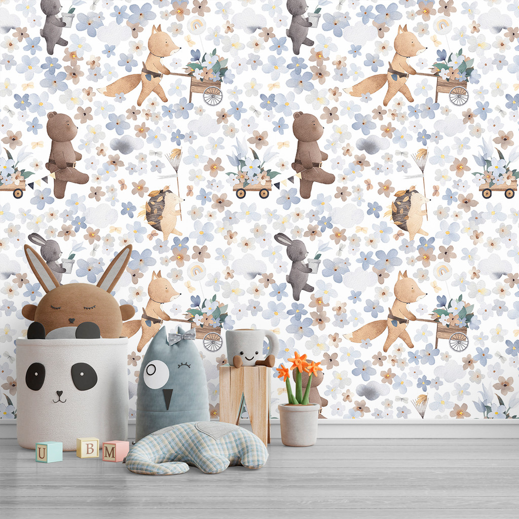 Papel de Parede Infantil Aquarela Animais e Flores | Raposa Urso Coelho Auto Adesivo Decorativo Quarto de Bebê