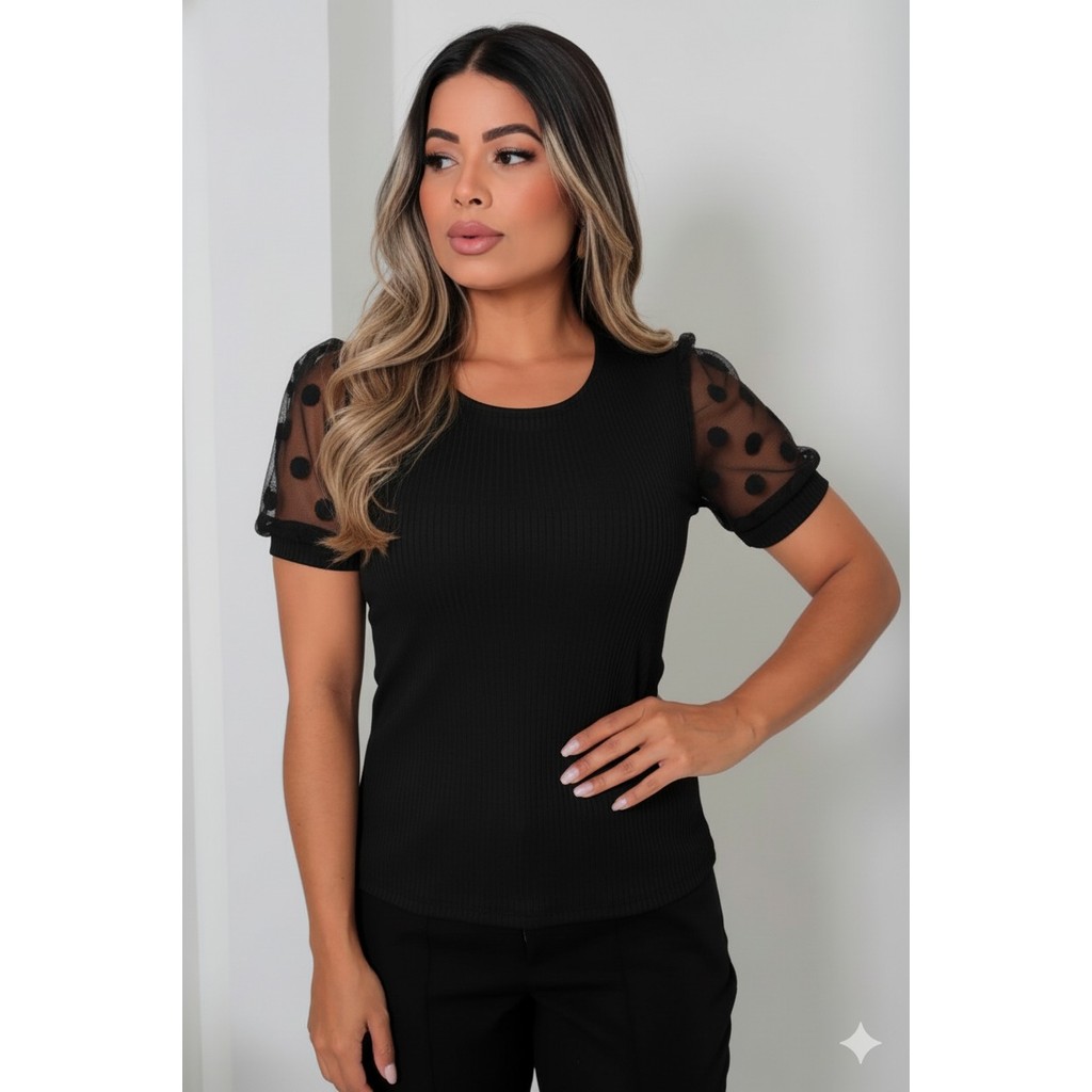 blusa feminina moda canelada elastano manga curta tule poá lançamento