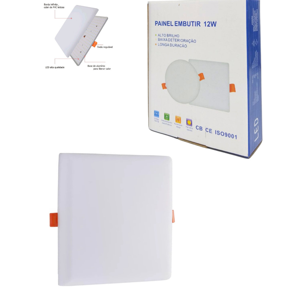Painel Plafon Led Borda Infinita  12w Embutir  Quadrado Bivolt Branca Frio 6500k 10cm