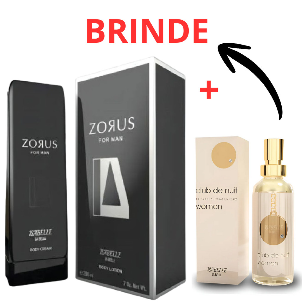 Kit Creme Bisnaga Zorus e + Perfume Arabe Club De Nuit Woman 15ml Hidratante Corporal 200ml