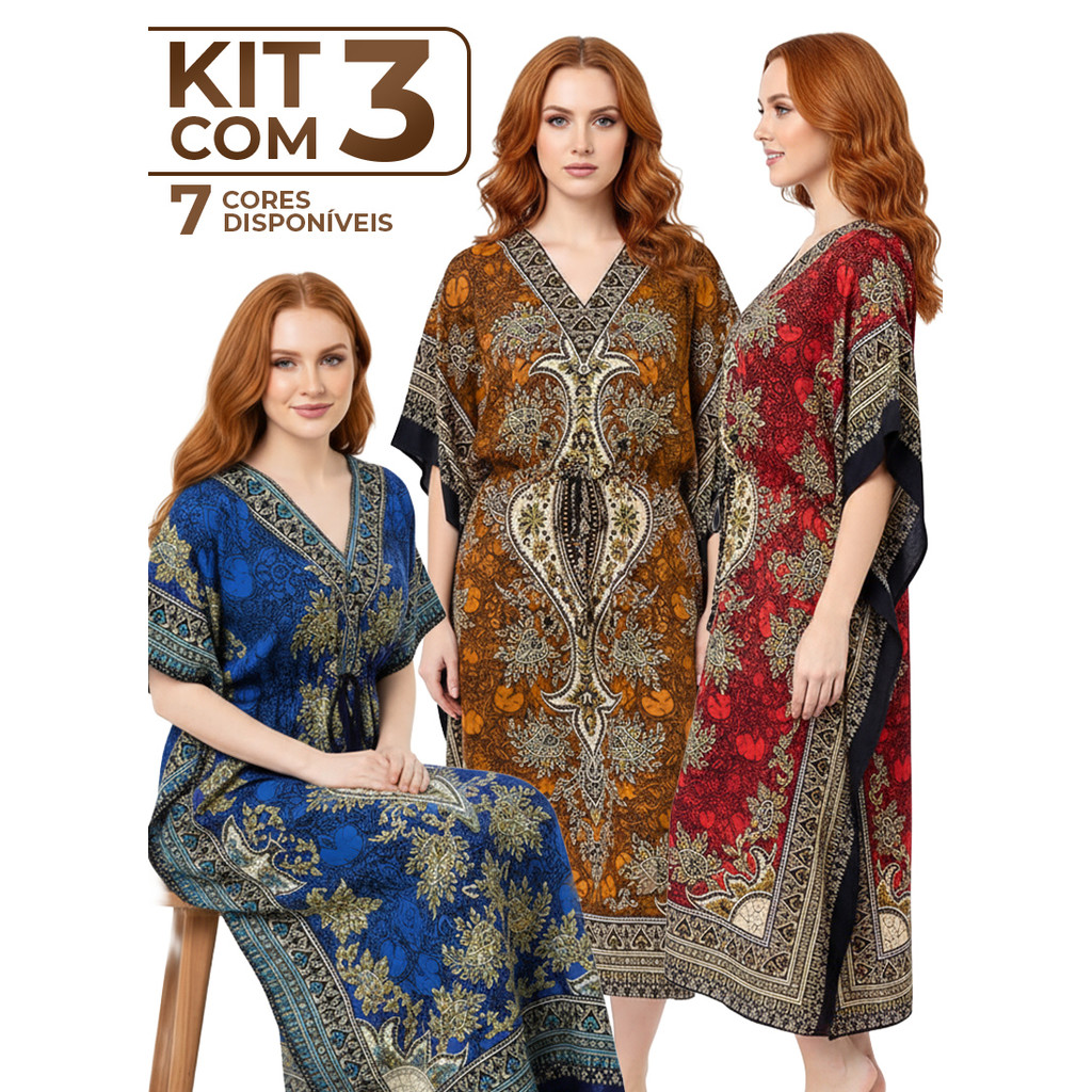 Kit 3 Kaftans longa Indianas Femininas – Saída de Praia Leve e Fresca, Tecido Poliéster Amplo, Verão 2025