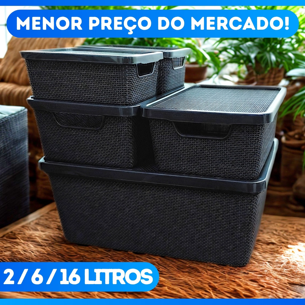 Kit 5 Caixa Organizadora com Tampa grande em Plástico Escritório Lavanderia 2L 6L 16L - MEGA OFERTA