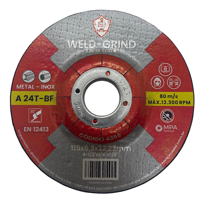 Disco de Desbaste 4.12" para Aço Carbono e Inox 115 x 6,3 x 22,23mm SC Weld ECO 4356