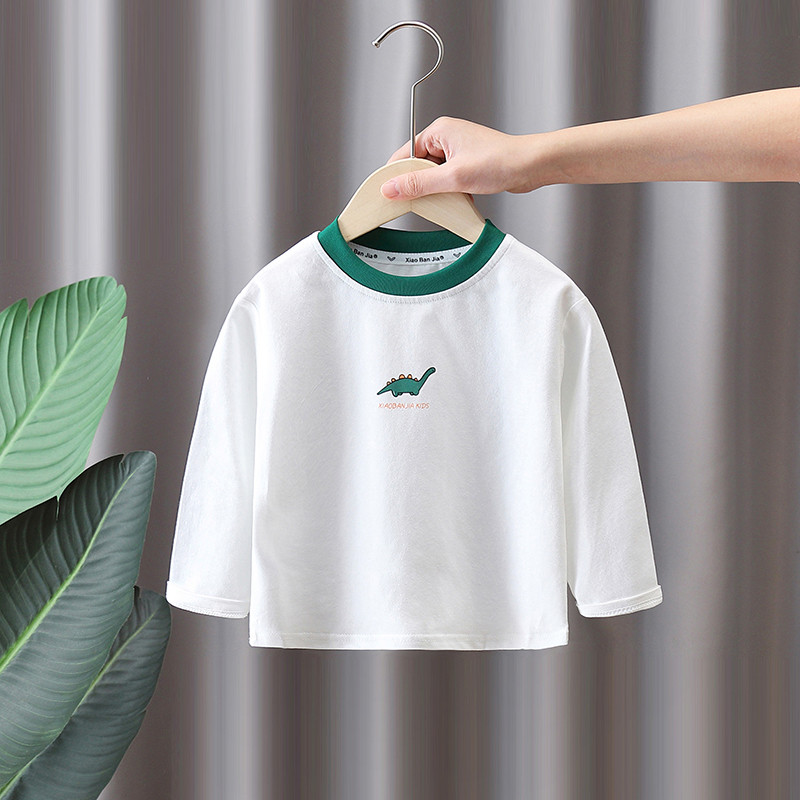 Meninos camiseta branca primavera outono estilo 2026 novo estilo crianças dinossauro impressão de manga comprida topo pr