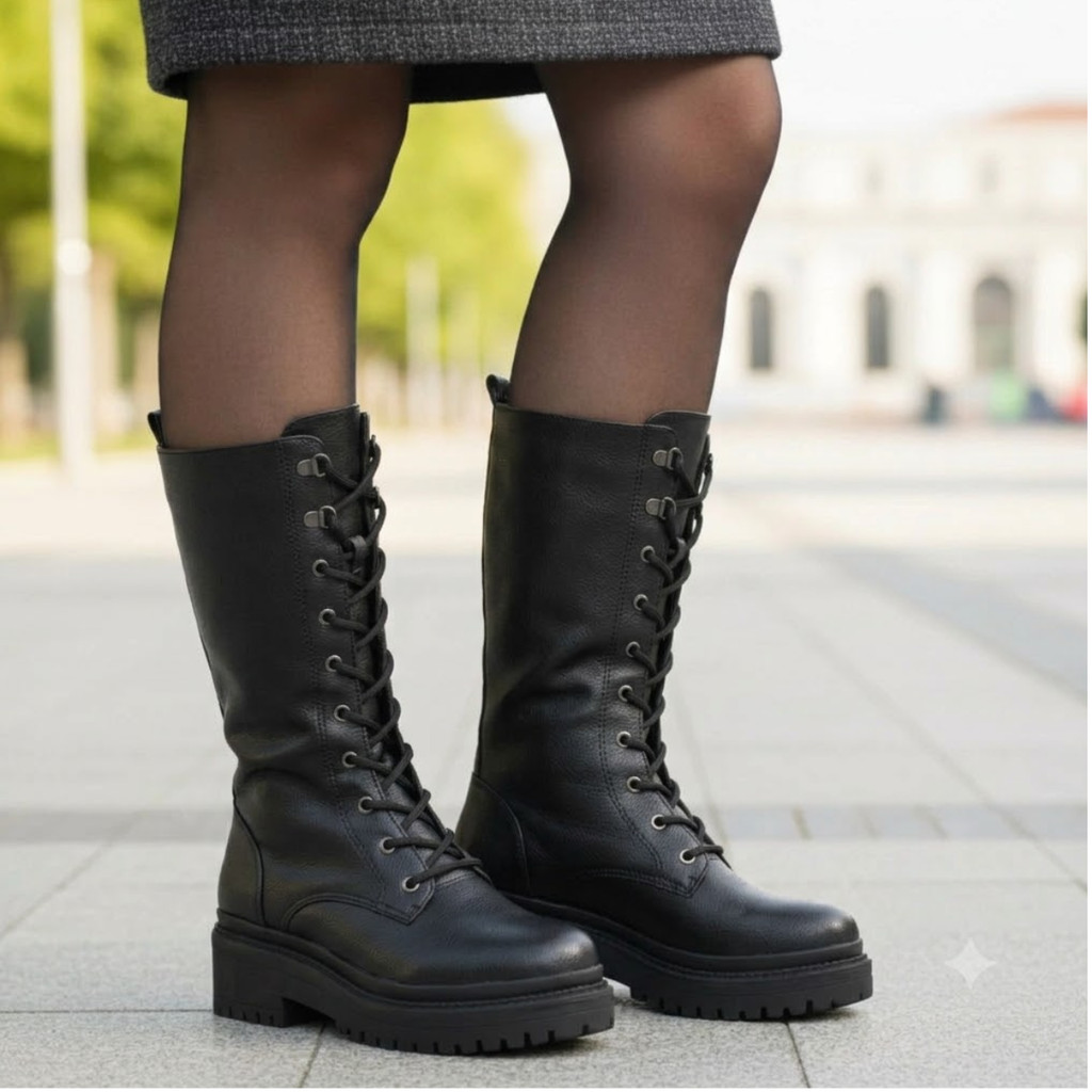 Bota Feminina Via Marte Coturno Tratorado Bloco Confortável Casual Cano Alto Cadarços Original