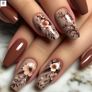 24 Pçs Estilo Balé Marrom 3D Floral Imprensa Em Unhas Reutilizáveis Dicas De Falsas Para Festa De Casamento Feminino