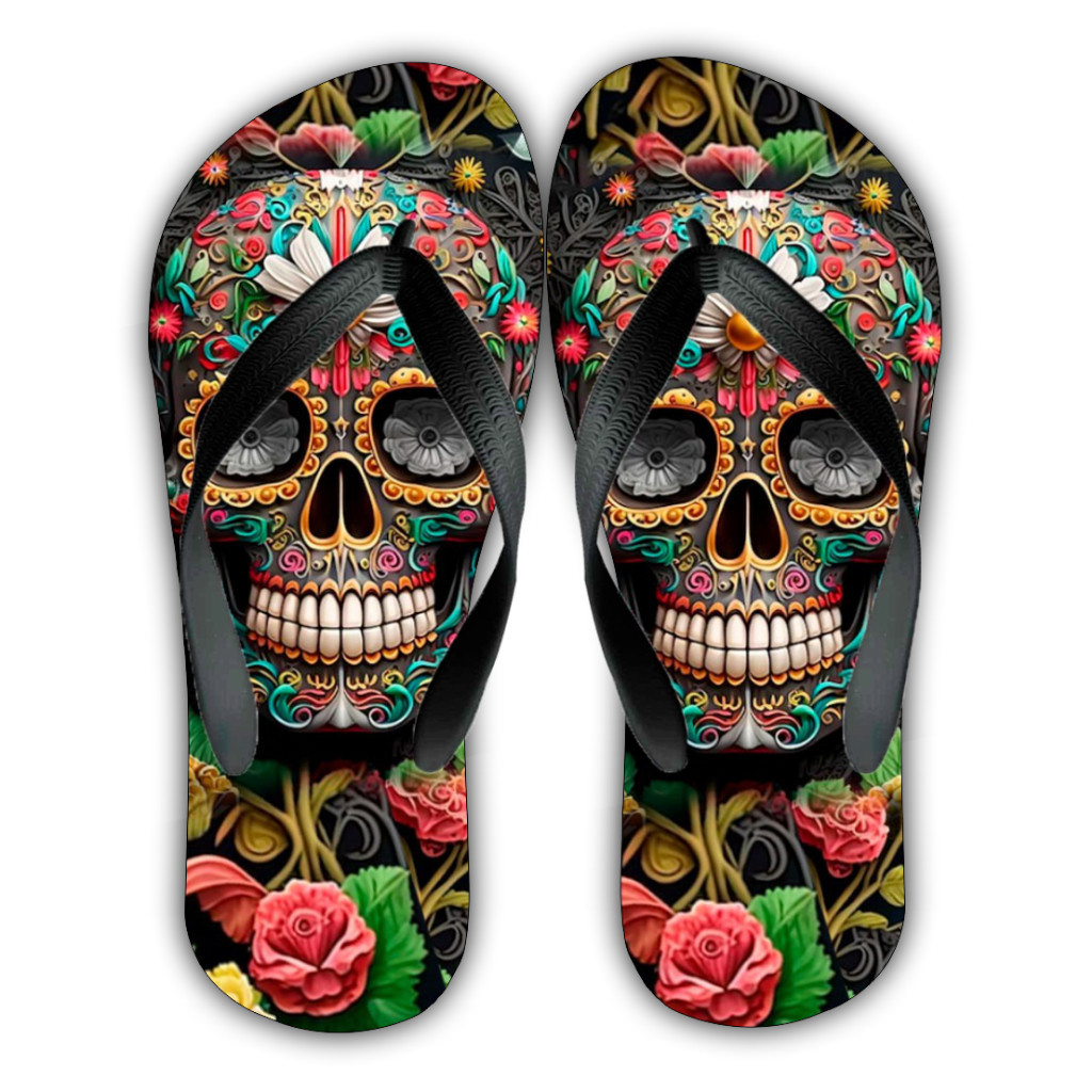 Chinelo feminino caveira mexicana confortável, leve e antiderrapante estampado estilo boho e moderno Estilo casual