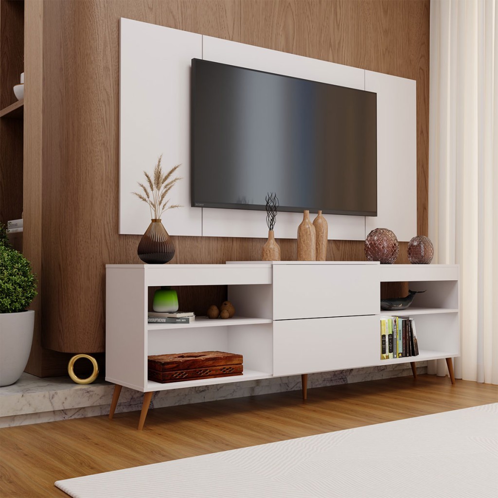 Rack com Painel para TV Até 60 Polegadas Turim 1 Porta 2 Prateleiras Branco - Panorama Móveis