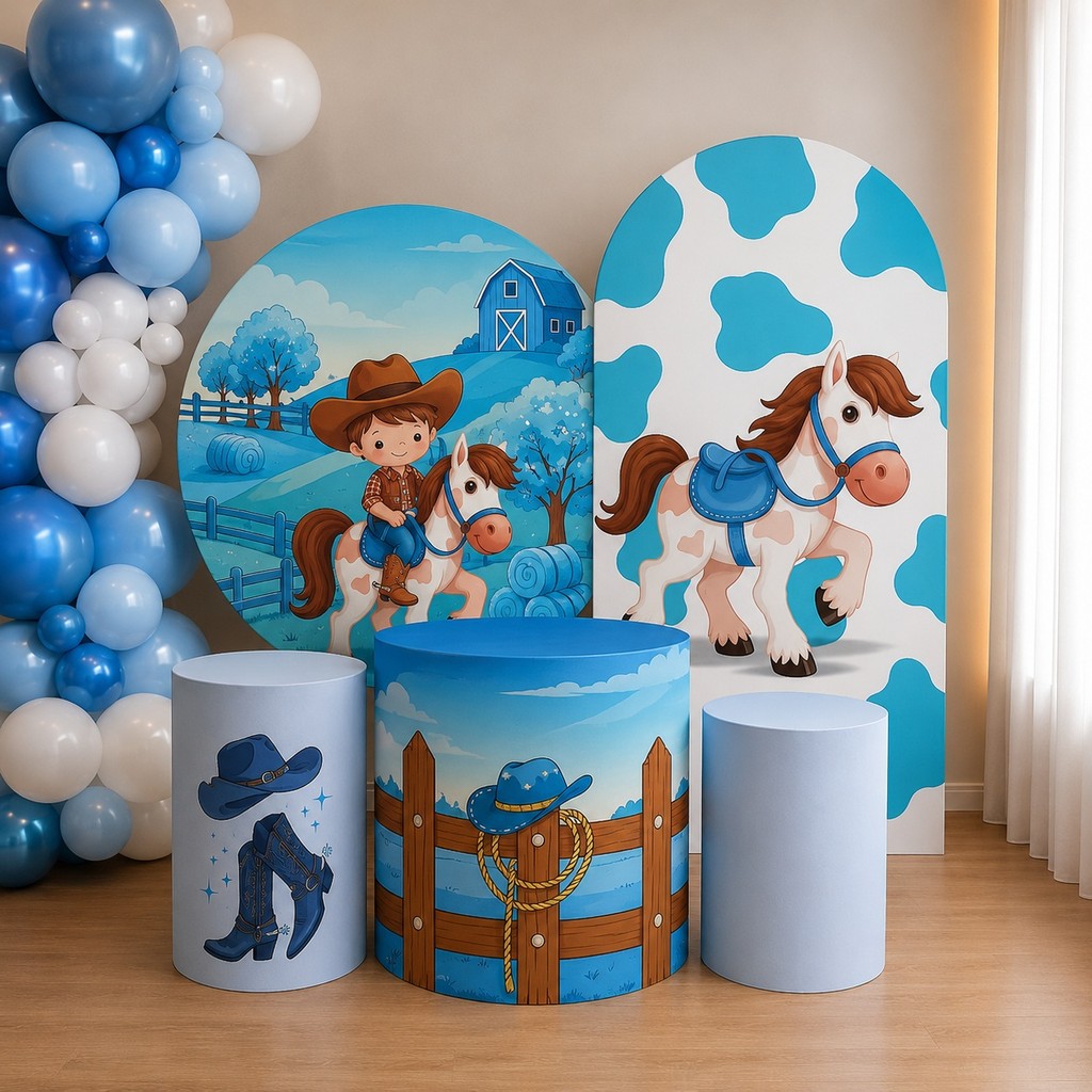 Kit Festa Capa Decoração Cowboy Fazendinha Painel Redondo Romano Trio Cilindros Azul