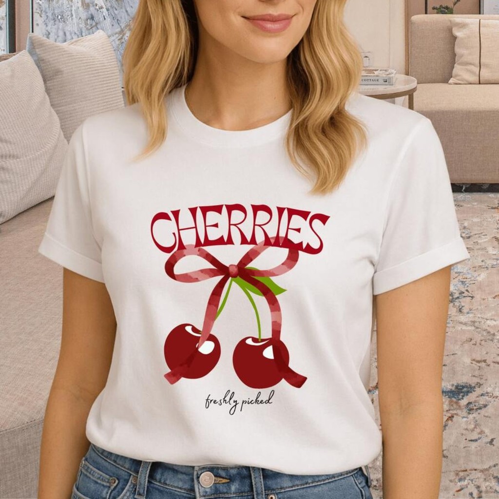 Blusa T-shirt Feminina Estampada Cheery Blusinha Estilosa 100% Algodão Cereja Camiseta Delicada Estampada