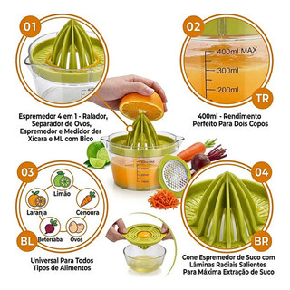 Espremedor 4 Em 1 Inox Ralador Separador Ovos Suco Laranja Verde-limão